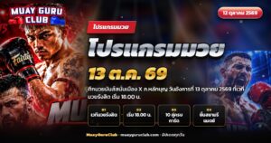 นักมวยไทยสองคนเผชิญหน้ากลางเวทีมวยรังสิต ภาพปกโปรแกรมมวย 13 ตุลาคม 2569