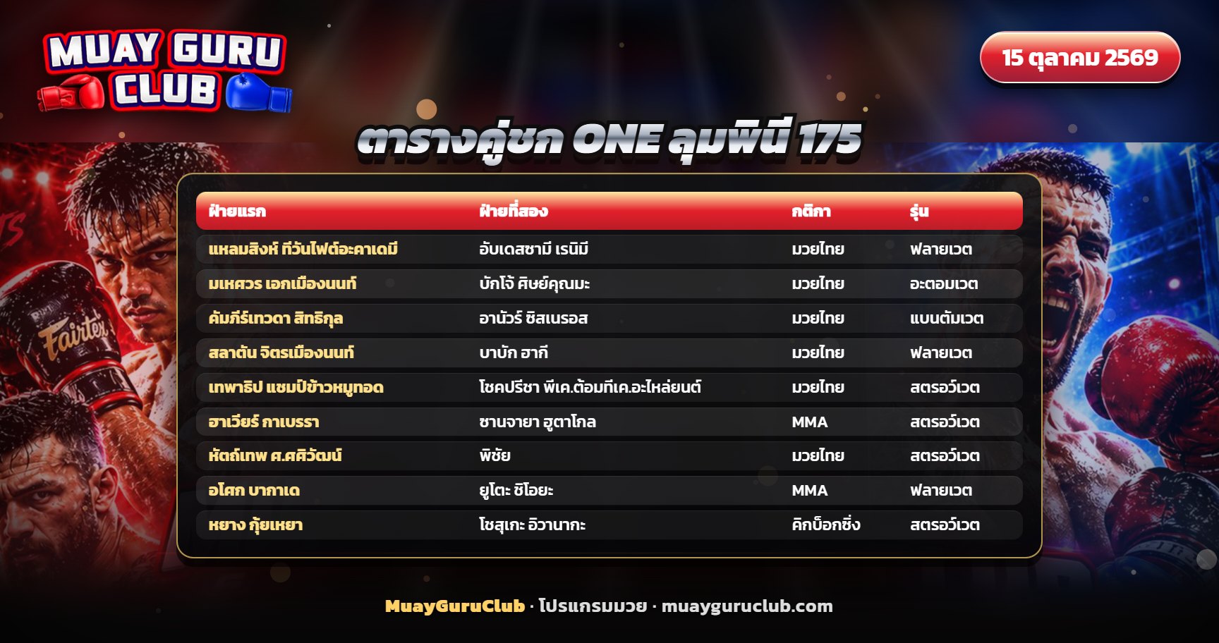ตารางคู่ชก ONE ลุมพินี 175 วันที่ 16 ตุลาคม 2569 ครบ 9 คู่