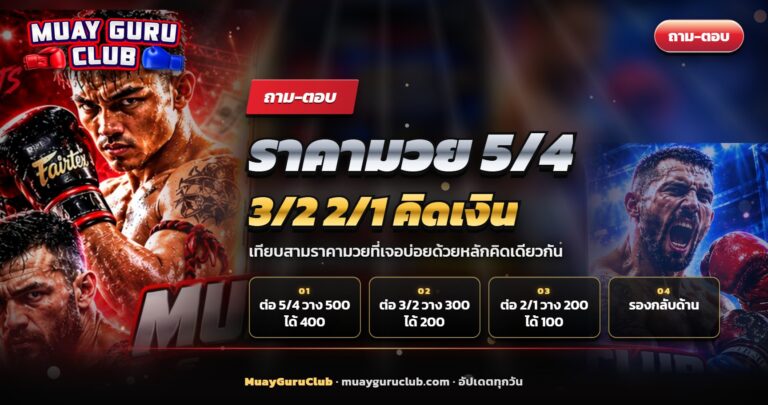 นวมมวยไทยสามคู่วางเรียงขั้นบันได ประกอบบทความราคามวย 5/4 3/2 2/1