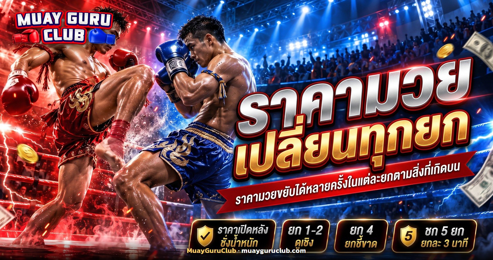 นักมวยไทยแลกอาวุธกลางเวทีในยกท้าย ประกอบหัวข้อราคามวยเปลี่ยนตามยก